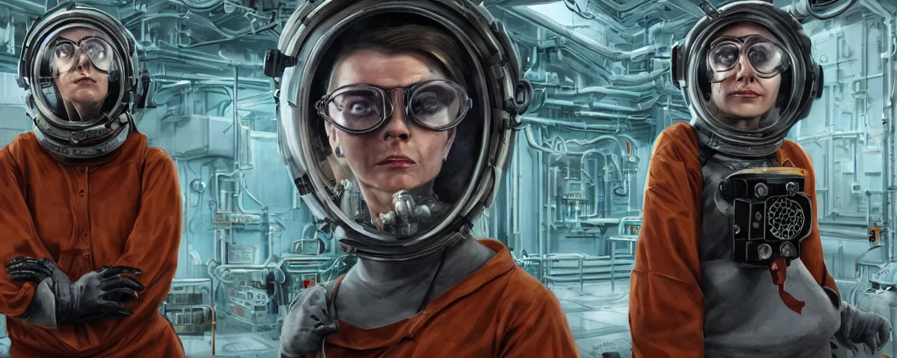 Image similar to character concept art 3 / 4 portrait of tattooed stoic heroic emotionless butch blonde woman engineer with short slicked - back hair, wearing dark victorian goggles, wearing orange bandana around neck, working inside reactor room, awkward and uncomfortable and anxious, dirty, ron cobb. industrial space program, scifi, hyper detailed. octane render. trending on artstation