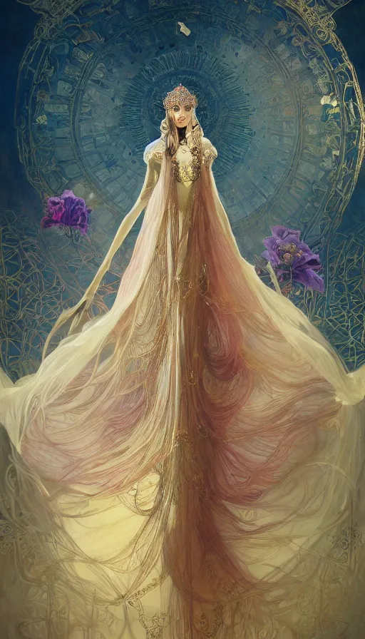 Prompt: dance meditation, madison beer, long beautiful voluminous medieval court dress with train and embroidered flowers, highly detailed, glowing, action pose, cinematic, art deco, gold filigree, ethereal, alfonso mucha, zdzisław beksinski, andrei ryabovichev, shaun tan, chriss foss, peter mohrbacher, 4 k