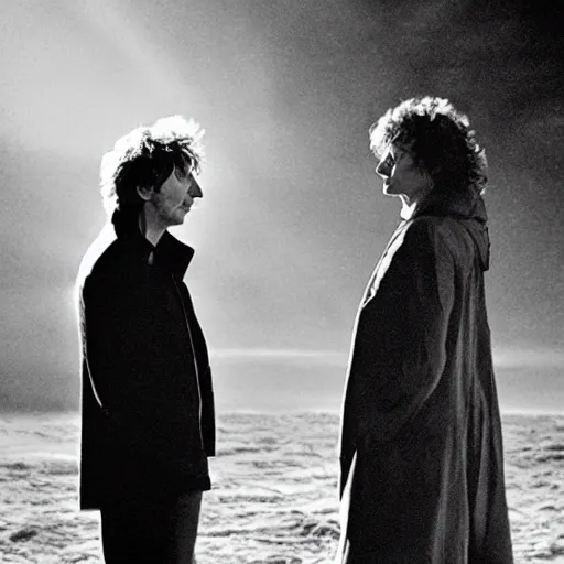 Prompt: a dramatic photograph of neil gaiman having a conversation with the sandman in a fantasy world, dramatic lighting, filmic, cinematographic, sci - fi