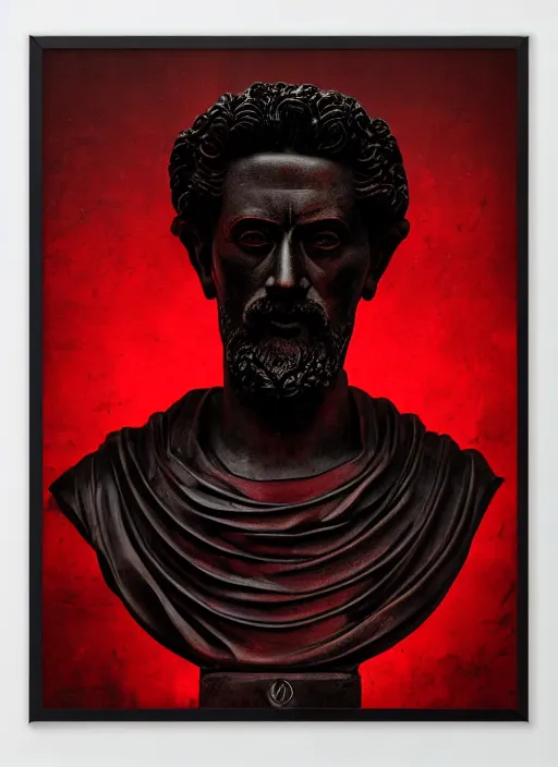 Prompt: elegant dark design poster showing a statue of marcus aurelius, black background with very subtle red and purple design elements, powerful, nekro, vito acconci, thin straight lines, dark, glitch art, neo vaporwave, gritty, layout frame, square, extremly detailed, trending on artstation