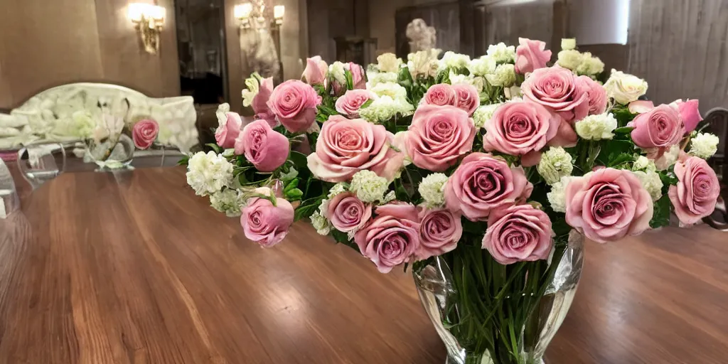 Prompt: low angle wide shot of a dozen roses placed in a single decorative vase which is centered on a wood grain table located within a luxurious dining room