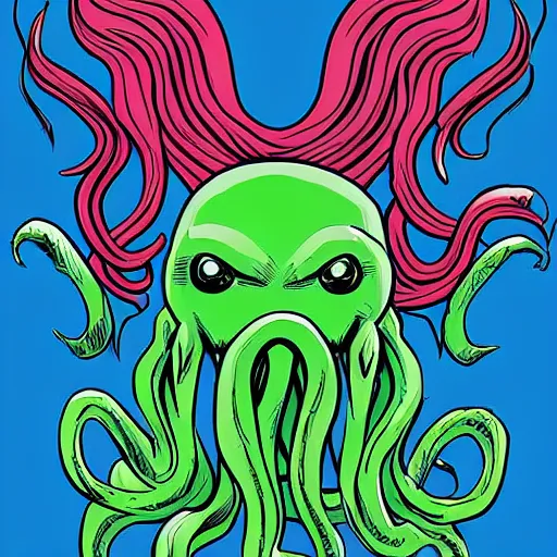 Prompt: comic book panel of a cute cthulhu by jack kirby moving it's tentacles against a blue background, digital art