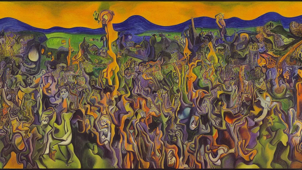 Image similar to unholy gathering, 4K, Dadaism & Fauvism, by collaboration of M. C. Escher and Salvador Dali and Van Gogh