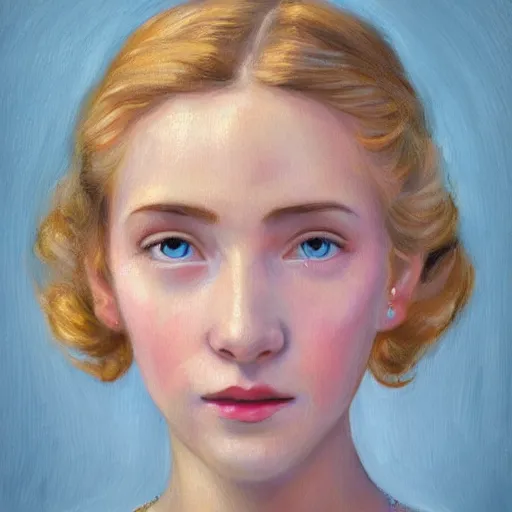 Image similar to portrait painting of a young lady in a light blue dress 1 9 0 0 s entire face shown in great detail, looking at the camera, full body in camera, blonde hair, garden, photorealistic, extreme detail, sharp focus, 8 k, intricate, hyper detailed, realistic, cinematic lighting