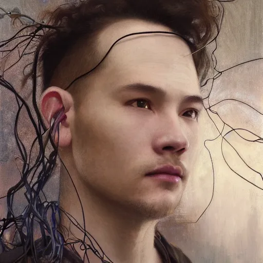 Image similar to hyperrealist portrait of elijah zu bailey, it is decorated with long wires that fall like vines and wears small computers over their body. by jeremy mann and alphonse mucha, fantasy art, photo realistic, dynamic lighting, artstation, poster, volumetric lighting, very detailed faces, 4 k, award winning