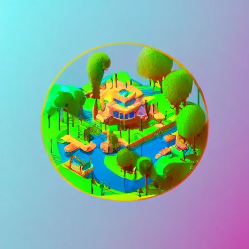 Image similar to isometric half sphere island on neon background, isometric invironment, 3d art, isometric art, high detail, artstation, concept art, behance, ray tracing, smooth, sharp focus, ethereal lighting