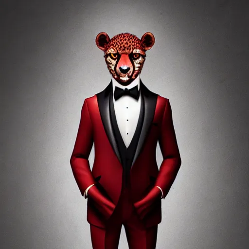 Prompt: a studio photograph of a red cheetah wearing a tuxedo suit,professional photography,studio lighting,studio photo,professional lighting,3 point lighting,dramatic,4k,detailed face,hyperdetailed,photorealistic,digital art,ultra realistic,ultra detailed,art by greg rutkowski