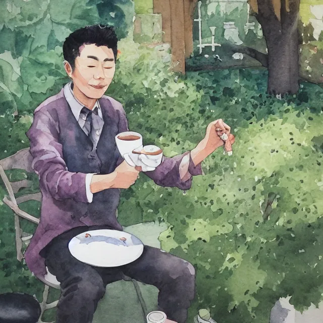 Image similar to ryuichi tanaka drinking coffee in the garden. watercolor by the award - winning concept artist