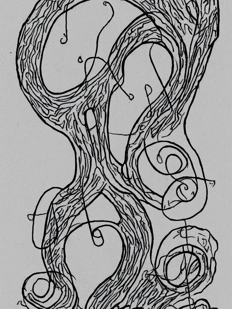 Prompt: single line drawing of an acorn growing into a tree in shape of treble clef, splash of color, isometric