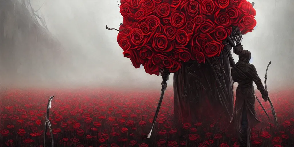 Image similar to poster style, a beautiful and terrifying painting with high details of a panoramic view of a reaper holding a long sickle, with red fluid white roses in the foreground, movie atmosphere, movie lights, 8 k, light effect, rtx on, trending on artstation, by kilian eng, lee madgwick, bastien lecouffe - deharme