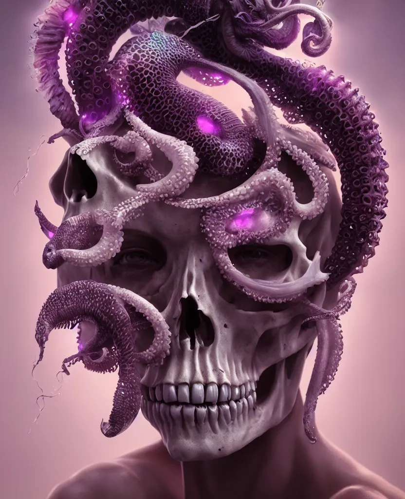 Image similar to goddess close - up portrait human skull, ram skull, squid phoenix jellyfish, orchid, betta fish, bioluminiscent, intricate artwork by tooth wu and wlop and beeple. octane render, trending on artstation, greg rutkowski very coherent symmetrical artwork. cinematic, hyper realism, high detail, octane render, 8 k