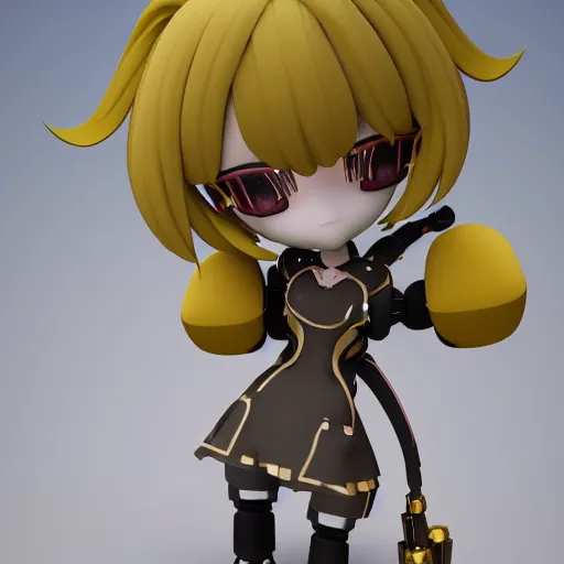 Prompt: cute fumo plush of a girl with prosthetic mechanical arms, golden velvet, bokeh, cyberpunk anime girl, vray