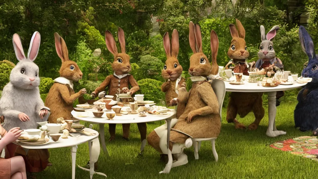 Image similar to film still from the movie chappie outdoor park plants garden scene bokeh depth of field several figures sitting down at a table having a delicious grand victorian tea party crumpets furry anthro anthropomorphic stylized rabbit bunny big chungus