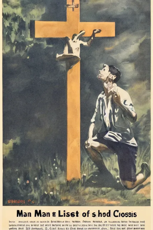 Image similar to man kneeling at the base of a wooden cross, 1960’s advertising art illustration