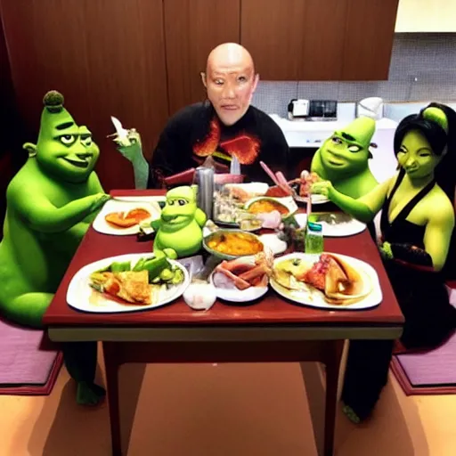 Image similar to photo of a japanese family having dinner with shrek