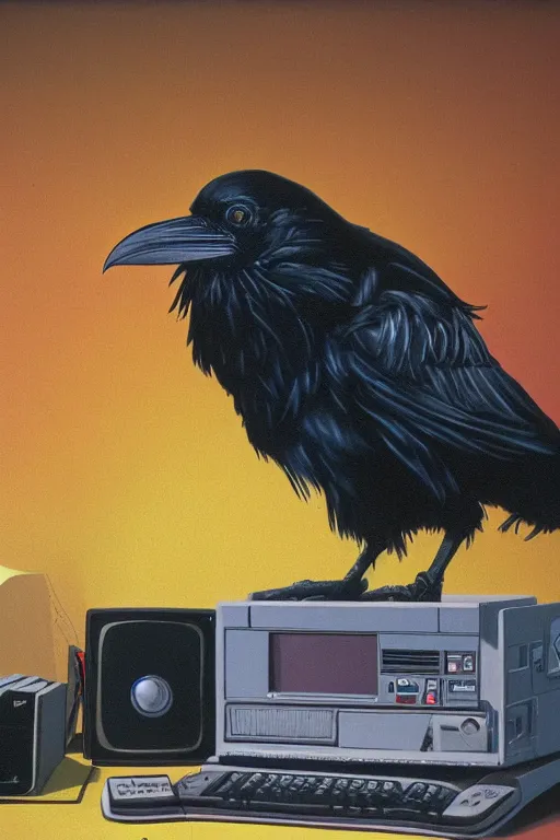 Prompt: a raven investigating 8 0 s era technology, vintage shapes, retro technology, pantone color, wayne barlow, oil on canvas, deep depth of field, masterpiece, cinematic composition, hyperdetailed