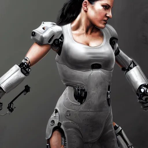 Prompt: beautiful digital painting of gina carano with one robotic cybernetic metallic grey arm, fighting pose, cyberpunk, highly detailed, hyperrealism, concept art, 8 k