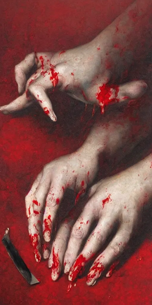 Image similar to by 1 9 th century famous painter, hands, nail polish, blood smear, blood dripping, horror, knife, realism, realistic, oil painting, red wallpaper background