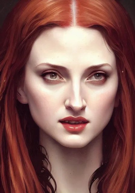 Prompt: sansa angeline jolie gessica chastain vampire teeth, intricate, elegant, highly detailed, digital painting, artstation, concept art, smooth, sharp focus, illustration, art by artgerm and greg rutkowski and alphonse mucha and william - adolphe bouguereau