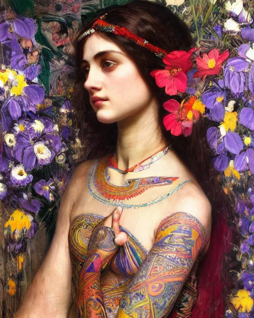 Image similar to a beautiful girl with colourful tribal tattoos surrounded by colourful flowers orientalist intricate portrait by john william waterhouse and edwin longsden long and theodore ralli and nasreddine dinet, oil on canvas. cinematic, hyper realism, dramatic lighting, high detail 8 k