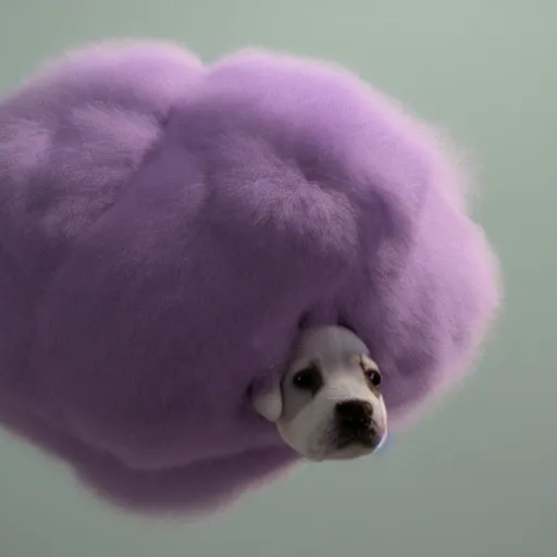 Image similar to a photorealistic render of a purple fluffy cloud shaped like a puppy, 3D octane render, unreal engine, hyperrealistic, 8k, volumetric lighting