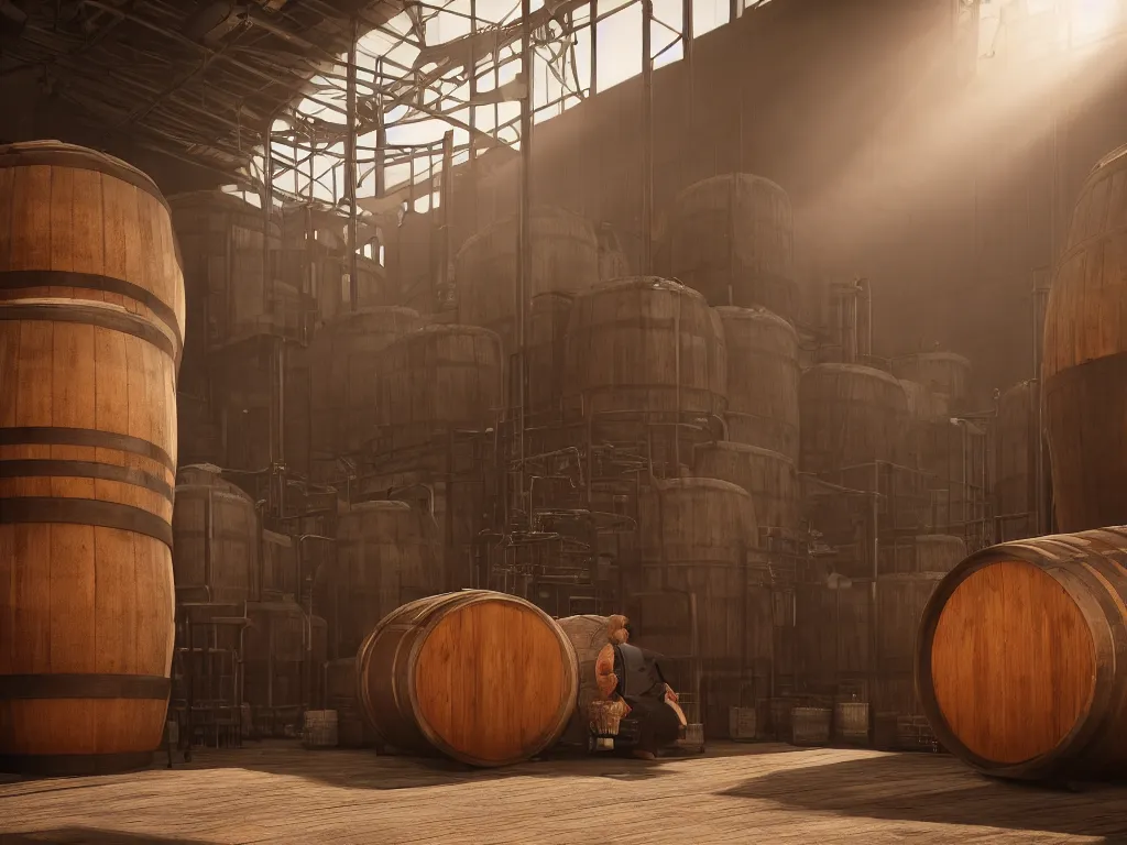 Prompt: sitting on a small wooden stool a large man sips a tiny tumbler of whisky in a whisky factory with barrels stacked up to the sealing. beautiful atmospheric lighting, sunlight beaming through open windows, small dust particles in the air. unreal engine 5, v - ray, 8 k, ultra hd, god rays.
