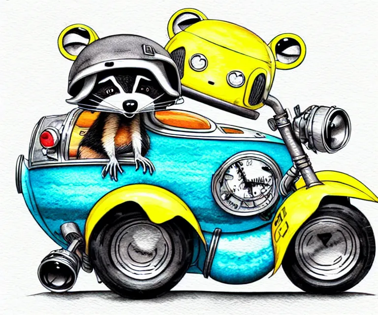 Prompt: cute and funny, racoon wearing a helmet riding in a tiny street rod with oversized engine, ratfink style by ed roth, centered award winning watercolor pen illustration, isometric illustration by chihiro iwasaki, edited by range murata, tiny details by artgerm and watercolor girl, symmetrically isometrically centered