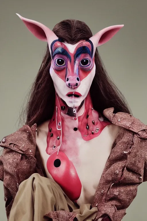Image similar to comme des garcons campaign featuring jar jar binks as a female cowgirl, long eyeslashes, huge juicy lips, big seductive eyes, unprocessed colors, # nofilter, realistic vfx simulation