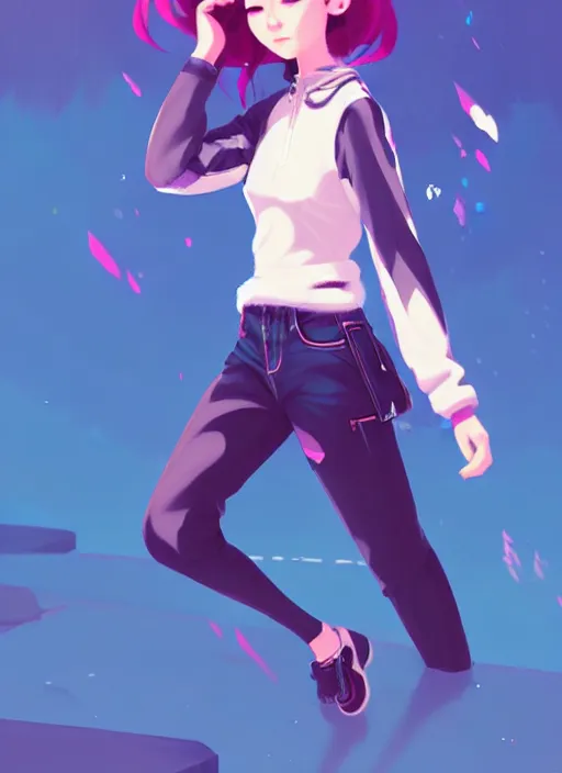 Image similar to female character inspired by 9 0's fashion and by madeline from celeste, art by rossdraws, wlop, ilya kuvshinov and makoto shinkai