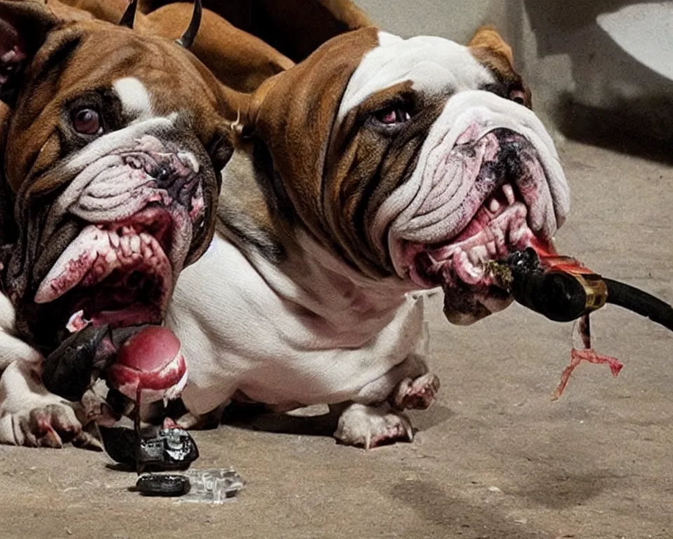 Image similar to a horror movie featuring a scary bull dog chewing on a wasp,