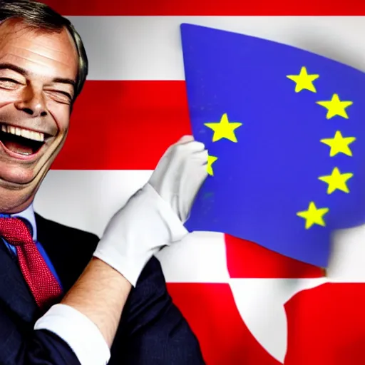 Image similar to nigel farage laughing holding burning eu flag, studio photograph, hd, studio