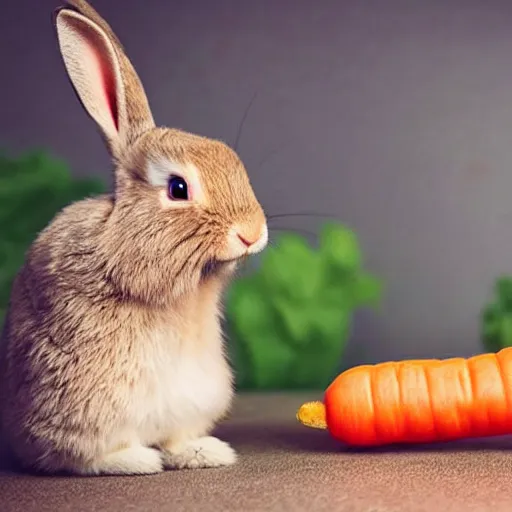 Image similar to a photo of an adorable rabbit screaming in rage at a carrot that looks mildly offended