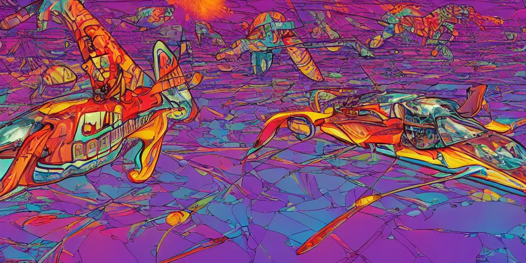 Image similar to electric cats that fly over ice, a lot of tv screens around, shrimps are all over the ground, acid and dreaming psychedelic hallucinations, by moebius, colorful flat surreal design, hd, 8 k, artstation