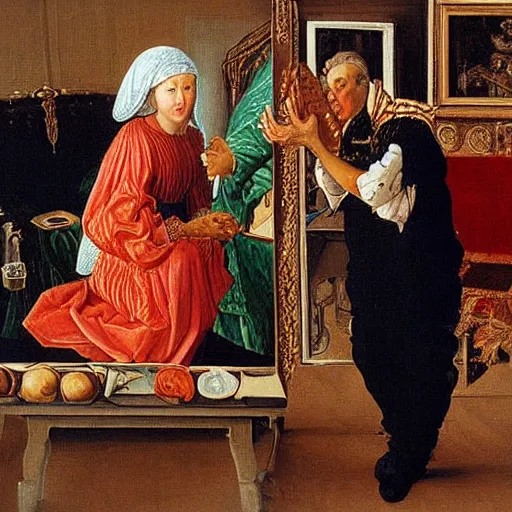 Image similar to painting of crouching Sara Netanyahu throwing peanuts at Benjamin Netanyahu, by Jan Van Eyck