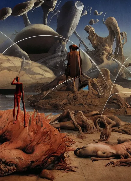 Image similar to hyper realistic high quality scene of the end of the world by francis bacon and zdzisław beksinski and norman rockwell and greg rutkowskiweta studio, tokyo futuristic in background, and lucasfilm, still from the movie armageddon in the style of c. leyendecker, realm of the ovarian machine, horror art, the darkest hour