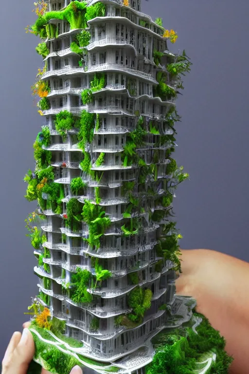 Prompt: 3 d printed physical model organic flowy including more than one city into one vertical building model that sits on a table in a room with a view back, multiple stories, transparent, with vegetation, colorful, eye - level view, 8 0 k, octane render, highly detailed 3 d render,