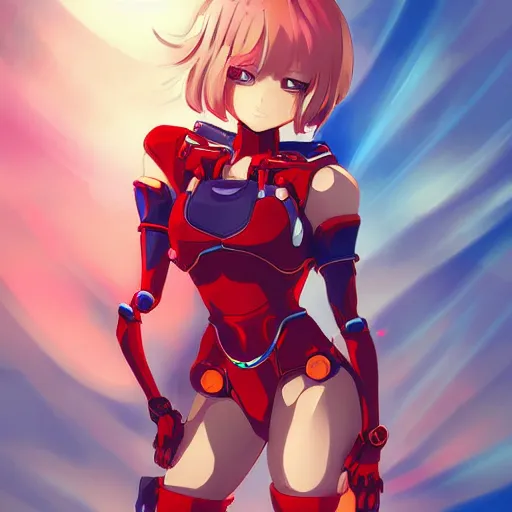 Image similar to digital anime art. full body. cute girl. red mech arms and red mech legs. blue eyes. gold short hair. red bikini. wlop, rossdraws, sakimimichan
