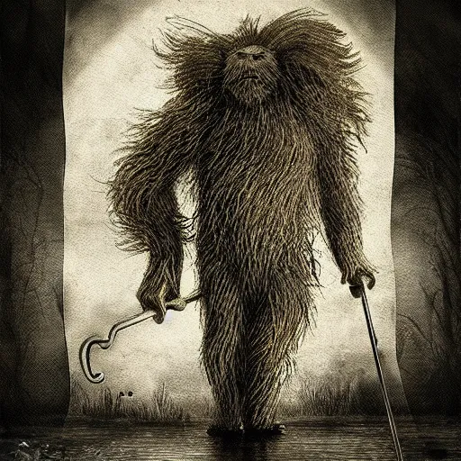 Image similar to hairy beast with club, swamp, richard kane - ferguson, sepia tone, digital illustration