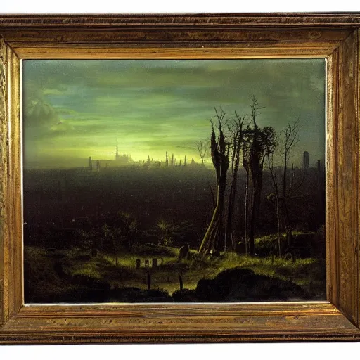 Image similar to city, distant valley, trees, night, dramatic light, oil painting, by caspar david friedrich