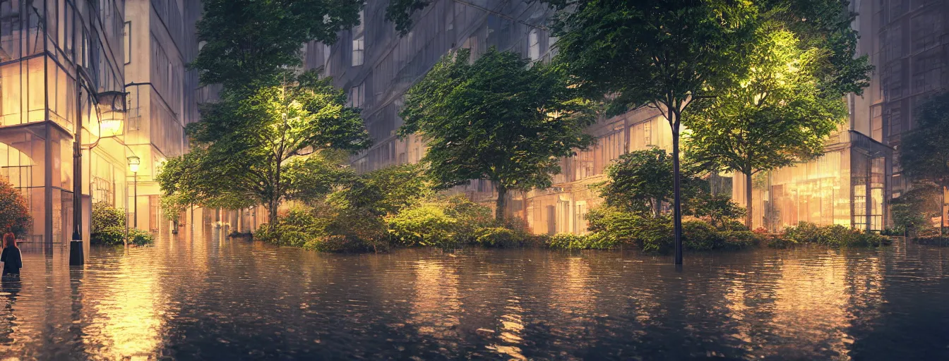 Image similar to raining night at flooded miniature new york city, emotion is on the rise on the town, cute style garden, octane render, trees, evergreen, patio, garden, wet atmosphere, tender, soft light misty yoshitaka amano, and artgerm, pixel art