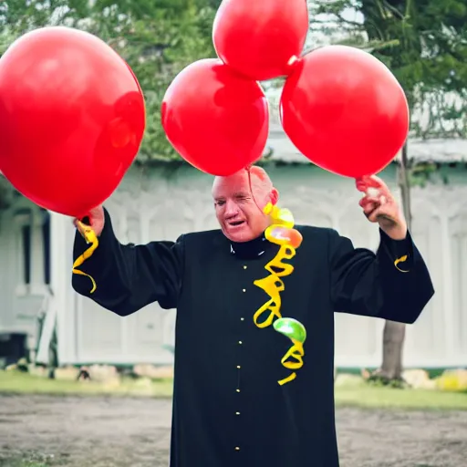 Image similar to a priest holding many balloons