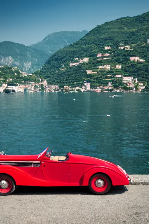 Image similar to Photo of a red 1939 Delahaye parked on a dock with Lake Como in the background, wide shot, daylight, blue sky, summer, dramatic lighting, award winning, highly detailed, 1980s, luxury lifestyle, fine art print, best selling.