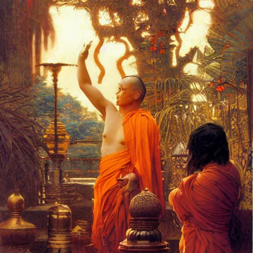 Prompt: crow worshipping buddhist monks, painting by gaston bussiere, craig mullins, j. c. leyendecker, lights, art by ernst haeckel, john william godward, hammershøi,,