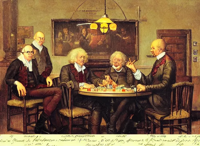 Image similar to family photo of isaac newton and stephen hawkins an einstein playing poker in an old west saloon in the style of norman rockwell