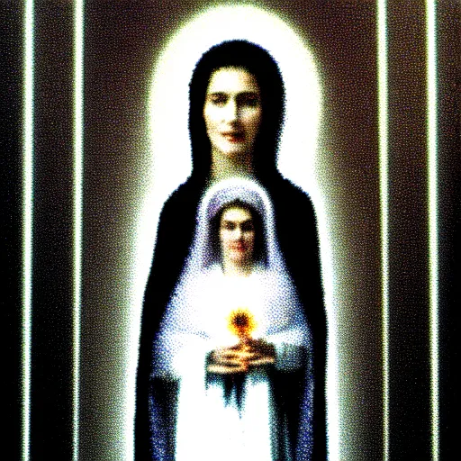 Image similar to vhs static overlay of marian apparition, vhs, 1 9 9 0, highly realistic, highly detailed, vhs noise static, black and white, vhs glitch