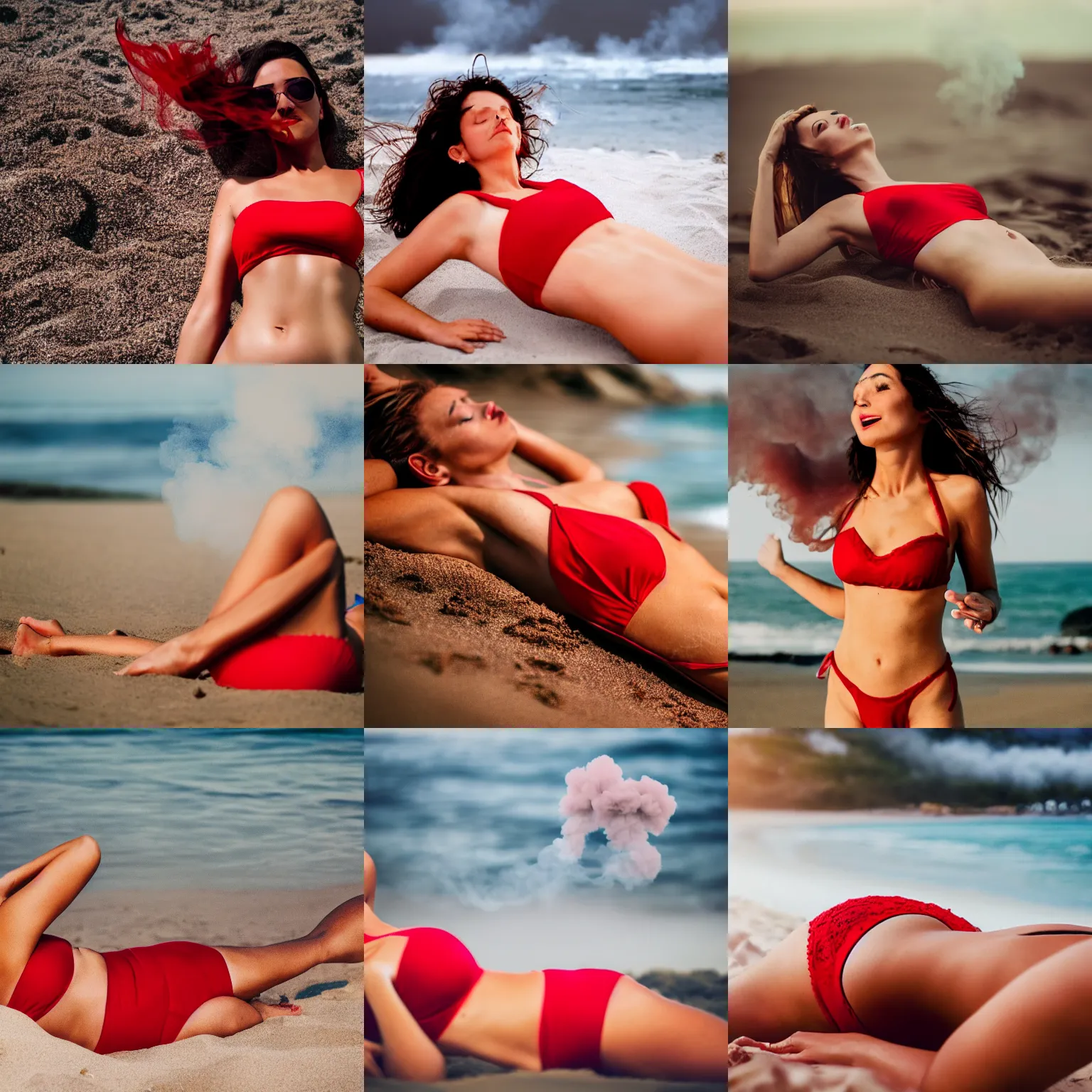 Prompt: close-up photo of woman in red bikini lying on her stomach at beach, blurry plume smoke at background, photo realistic, still cinematic, bokeh