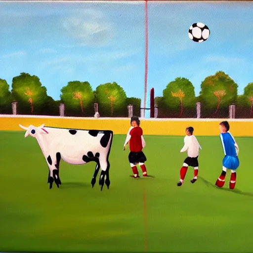 Image similar to painting of soccer game played by cows