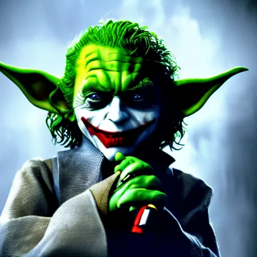 Image similar to stunning awe inspiring the joker played by yoda, movie still 8 k hdr atmospheric lighting