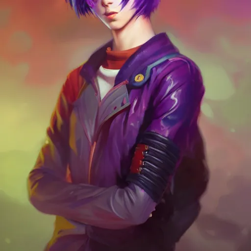 Image similar to colorful and festive captivating teenager boy with straight purple hair, purple eyes with red eye markers, slim body, wearing japanese combat clothes. rich vivid colors, ambient lighting, dynamic lighting, 4 k, atmospheric lighting, painted, intricate, highly detailed by charlie bowater