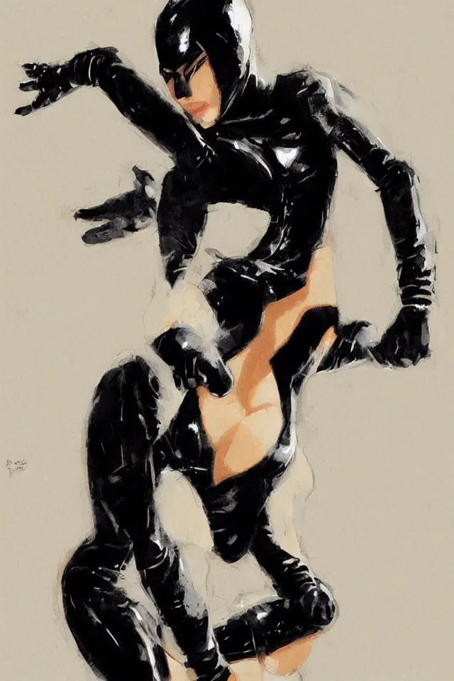 Prompt: painting of a ninja woman in a black latex suit by ashley wood